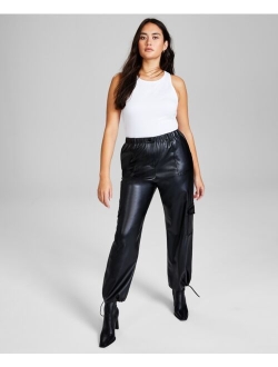 Women's High Rise Faux Leather Cargo Pants, Created for Macy's