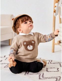 Baby Boys' Casual Loose Fit Round Neck Pullover Sweater With Bear Embroidery, Long Sleeve