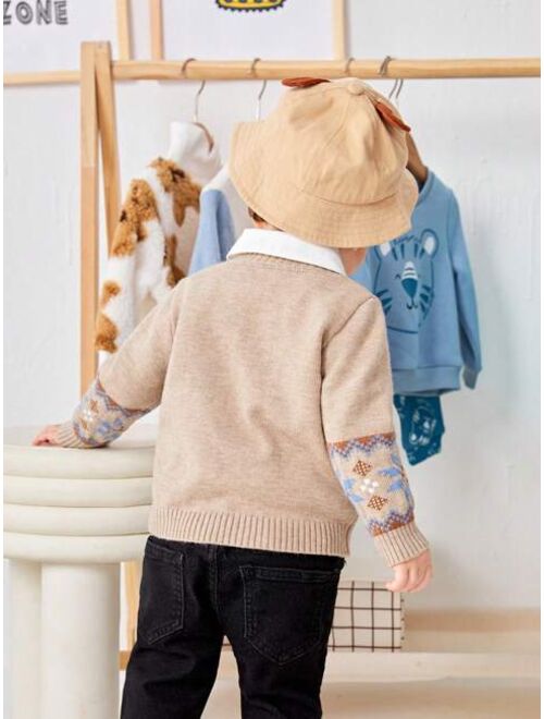 SHEIN Baby Boys' Casual Loose Fit Round Neck Pullover Sweater With Bear Embroidery, Long Sleeve