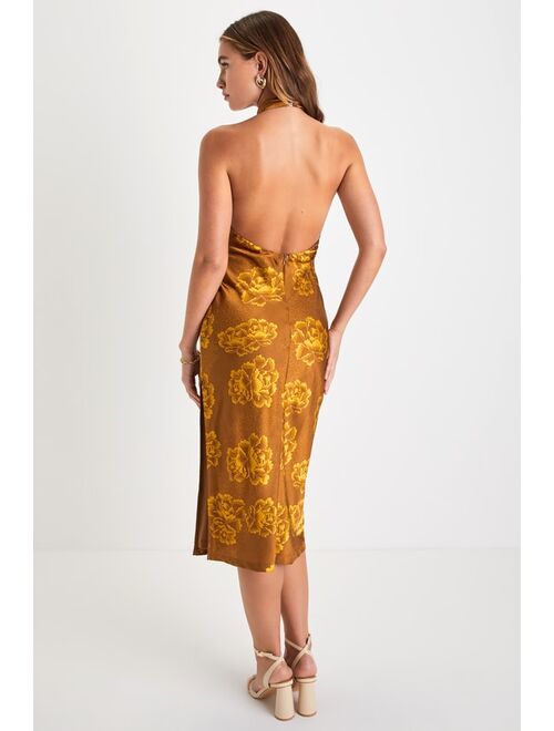Lulus Luminous Darling Dark Gold Satin Floral Halter Midi Dress