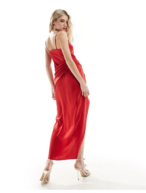 ASOS DESIGN satin cami midi dress with drape skirt in red