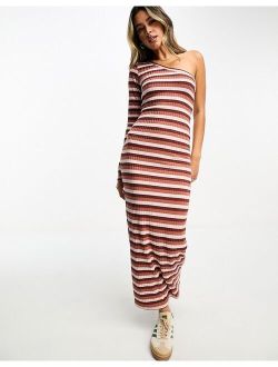 ribbed one shoulder long sleeve striped maxi dress