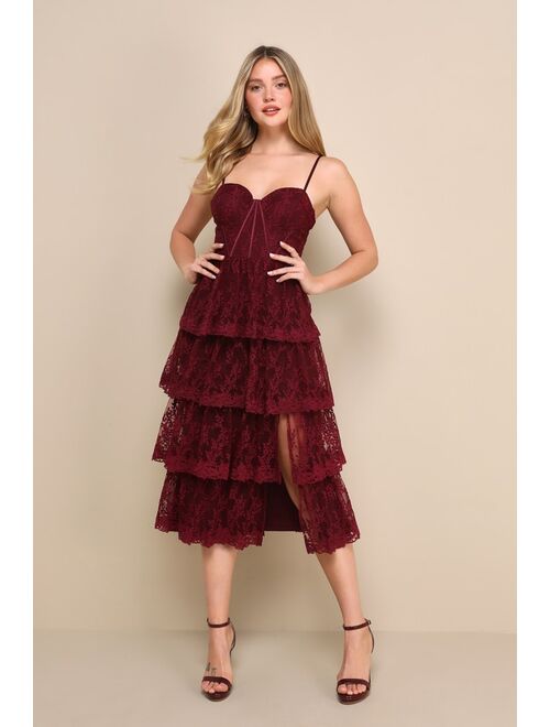 Lulus Exceptional Persona Wine Red Lace Tiered Bustier Midi Dress