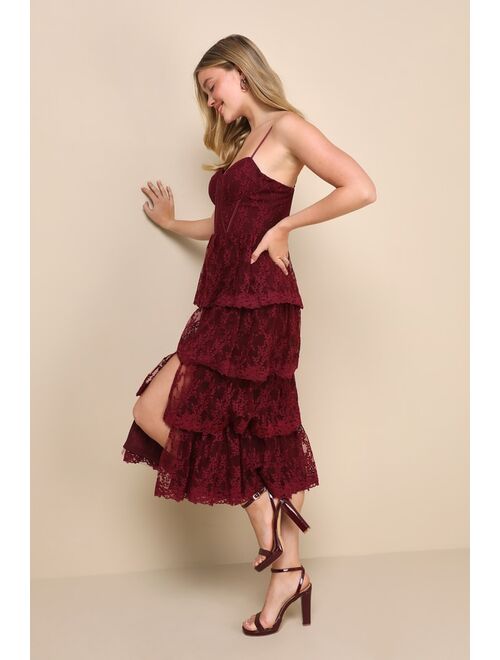 Lulus Exceptional Persona Wine Red Lace Tiered Bustier Midi Dress
