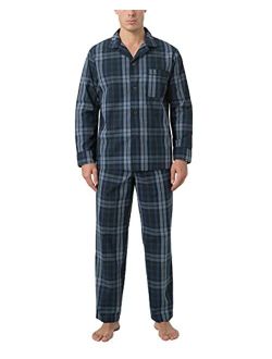 Men's Pajama Set Long Sleeve Sleepwear Lounge PJ Top Bottom with Pocket Woven Cotton Knit Plaid Button-Down M103/M108