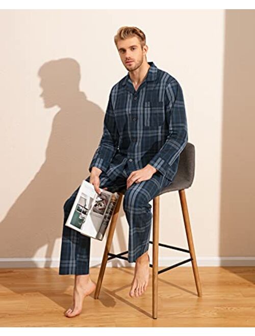 LAPASA Men's Pajama Set Long Sleeve Sleepwear Lounge PJ Top Bottom with Pocket Woven Cotton Knit Plaid Button-Down M103/M108