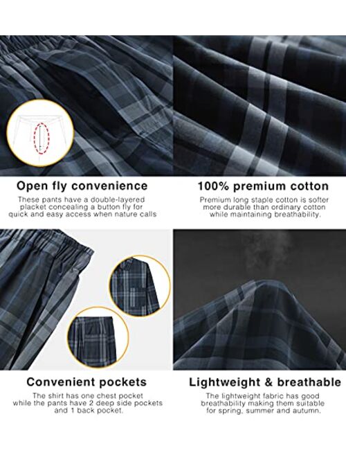 LAPASA Men's Pajama Set Long Sleeve Sleepwear Lounge PJ Top Bottom with Pocket Woven Cotton Knit Plaid Button-Down M103/M108