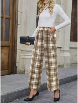 SHEIN LUNE Women s Plaid Printed Wide Leg Pants With Slanted Pockets