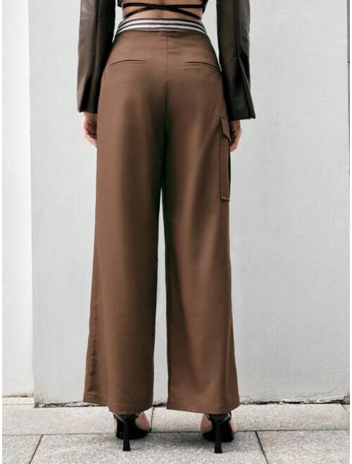 Anewsta Women s Folded Wide Leg Pants With Flap Pockets