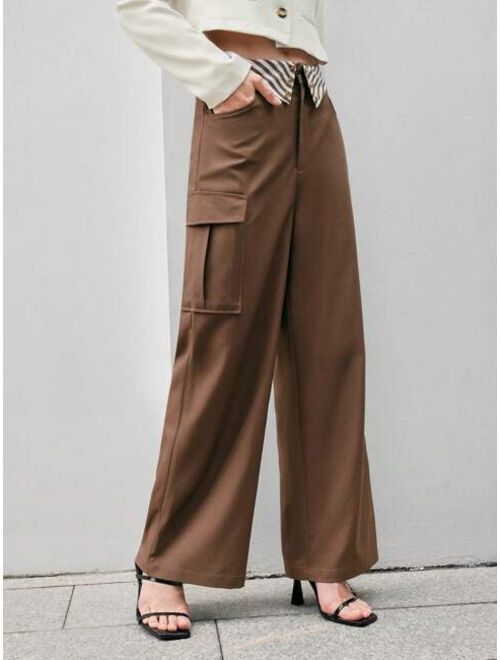 Anewsta Women s Folded Wide Leg Pants With Flap Pockets