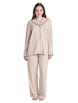 Women's Pajama Set Stretchy Knit Sleepwear 2 Piece Loungewear Shirt Long Sleeves Pj Button-Down & Print Soft L103/L110