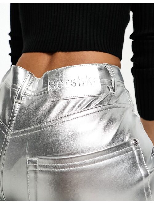 Bershka straight leg faux leather pants in silver