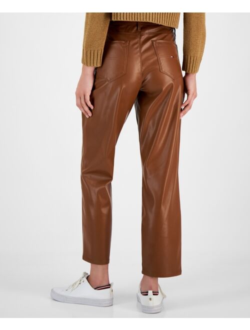 Tommy Jeans Women's Mid-Rise Faux-Leather Straight-Leg Pants