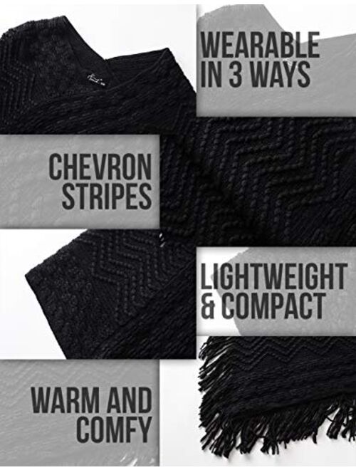 Ferand Women's Elegant Cozy Poncho Sweater with Chevron Stripes and Fringes