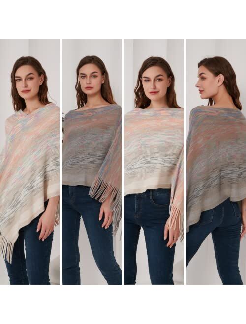 Ferand Women's Multicolor Poncho Sweater Versatile Wrap Shawl with Fringes