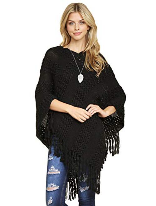 MYS Collection Classic Soft Knit Poncho Shawl Wrap - Basic Warm Pullover Fringe Tassel Sweater Chunky Crochet, Plain V-Neck