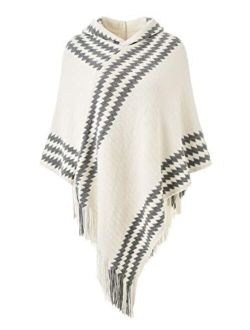 Ferand Women's Hooded Zigzag Striped Knit Cape Poncho Sweater with Fringes