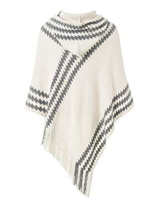 Ferand Women's Hooded Zigzag Striped Knit Cape Poncho Sweater with Fringes