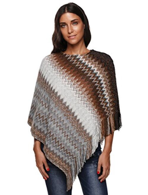 SherryDC Women's Zig-Zag Knit Tassel Fringed Pullover Poncho Sweater Cape Shawl Wrap