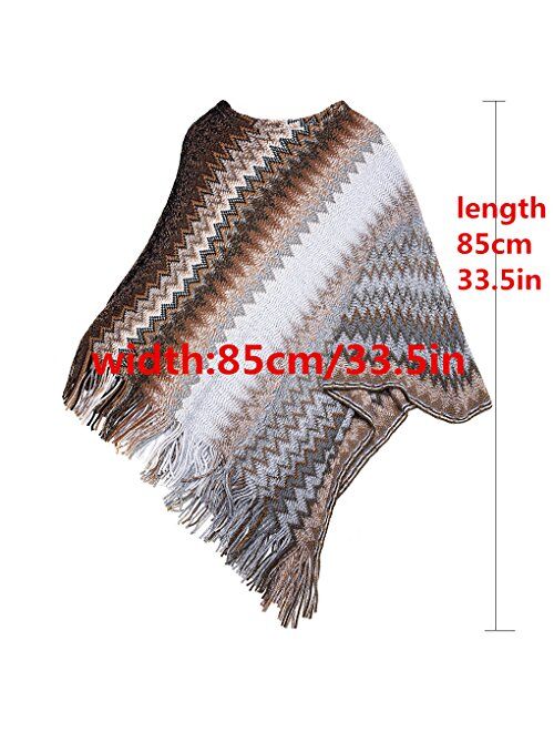 SherryDC Women's Zig-Zag Knit Tassel Fringed Pullover Poncho Sweater Cape Shawl Wrap