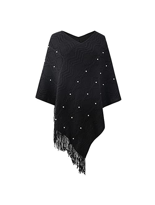 VICITENEY Women Casual Poncho Knitted Scarf And Capes Plus Size Solid Sweater Warm Tassel Sweaters Batwing Sleeve Poncho