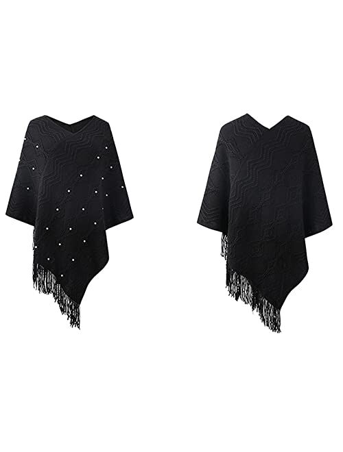 VICITENEY Women Casual Poncho Knitted Scarf And Capes Plus Size Solid Sweater Warm Tassel Sweaters Batwing Sleeve Poncho