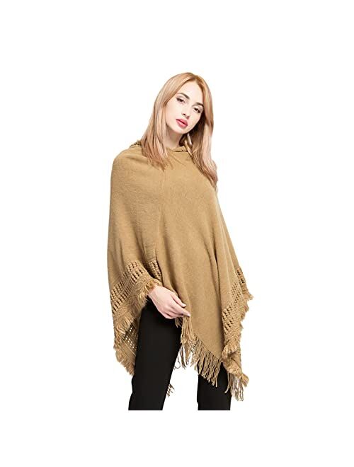 Sexybody Women's Poncho Sweater Shawl Warm Wrap Hooded Cape with Fringe for Indoor and Outdoor