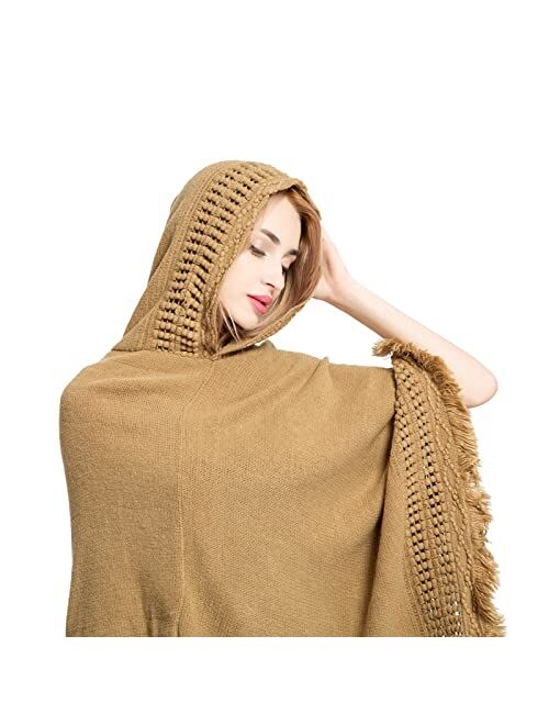 Sexybody Women's Poncho Sweater Shawl Warm Wrap Hooded Cape with Fringe for Indoor and Outdoor