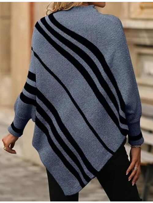 Labolliy Women Oversized Striped Poncho Sweaters Mock Neck Batwing Long Sleeve Asymmetrical Hem Casual Knit Pullover Jumper