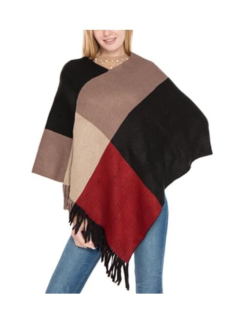 Honmmik Women Poncho Sweater Plaid Warm V Neck Sweaters Fall Shawl For Women Pullover Sweaters