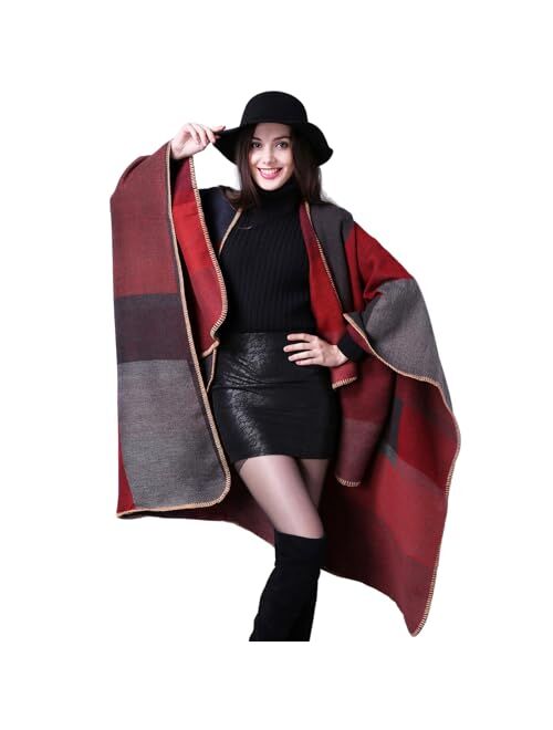 PAMEILA Women's Travel Plaid Shawl Wraps Open Front Poncho Cape Warm Oversized Sweaters Casual Cardigan Shawls for Fall Winter,Series 01-Red