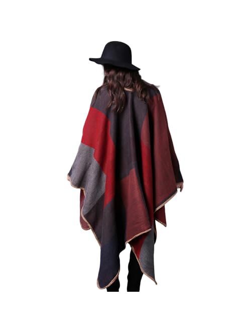 PAMEILA Women's Travel Plaid Shawl Wraps Open Front Poncho Cape Warm Oversized Sweaters Casual Cardigan Shawls for Fall Winter,Series 01-Red