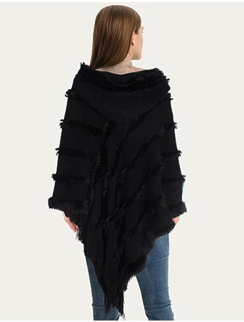 FEOYA Women's Casual Hooded Sweater Pullover with Fringe Batwing Shawls Wraps Crochet Pattern Knitted Poncho