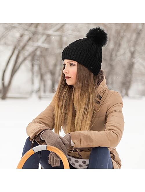 Livingston Women's Winter Soft Knit Beanie Hat with Faux Fur Pom Pom Warm Skull Cap Beanies for Women