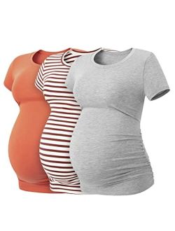 Womens Maternity Shirts Tops Short Sleeve 1 or 3 Pack Side Ruched Modal Cotton Pregnancy Tshirt Crew Neck Tees L55
