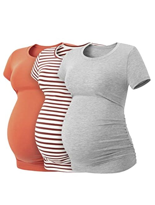 LAPASA Womens Maternity Shirts Tops Short Sleeve 1 or 3 Pack Side Ruched Modal Cotton Pregnancy Tshirt Crew Neck Tees L55