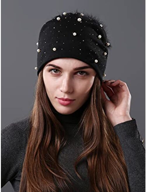 AICHUAN Womens Slouchy Beanie Hat with Real Raccoon Fur Ball Pompom Cotton Pearls Winter Fall Hat