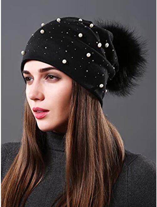 AICHUAN Womens Slouchy Beanie Hat with Real Raccoon Fur Ball Pompom Cotton Pearls Winter Fall Hat
