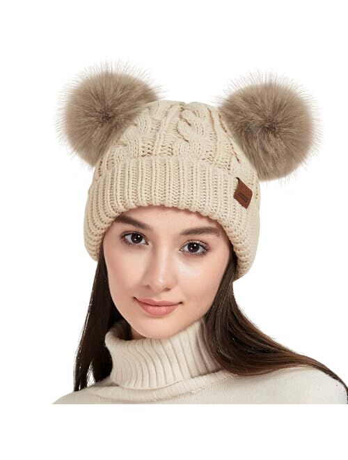 Spring Water Womens Beanie, Double Faux Fur Pom Beanie Hats for Women, Fleece Lined Cable Knit Winter Hats for Women