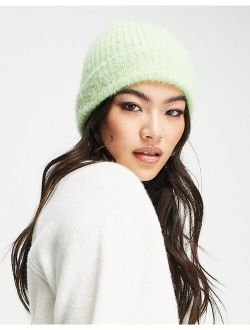fluffy knit beanie in lime green