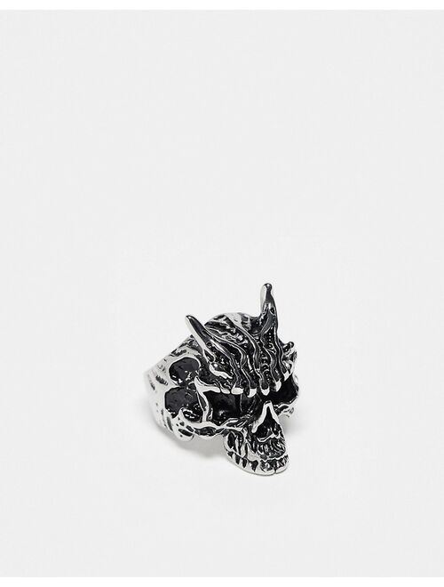 ASOS DESIGN waterproof stainless steel ring with skull in burnished silver tone