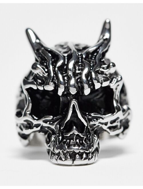 ASOS DESIGN waterproof stainless steel ring with skull in burnished silver tone