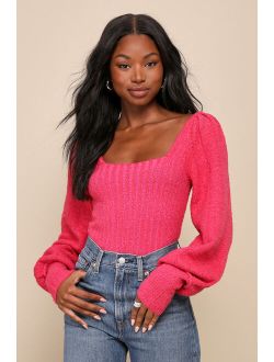Katie Hot Pink Ribbed Knit Balloon Sleeve Sweater Top