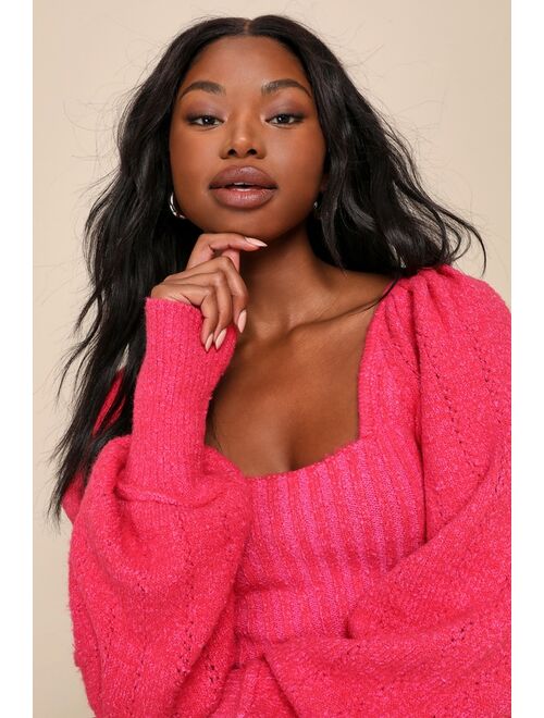 Free People Katie Hot Pink Ribbed Knit Balloon Sleeve Sweater Top
