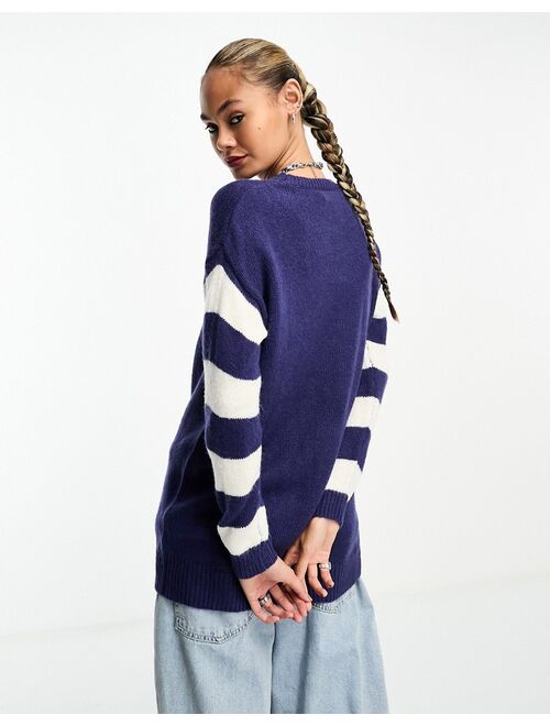 Daisy Street oversized knit sweater with flower motif and stripe sleeves