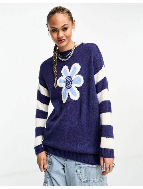 Daisy Street oversized knit sweater with flower motif and stripe sleeves