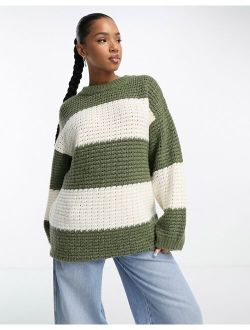 oversized sweater in textured stitch in stripe in khaki and cream