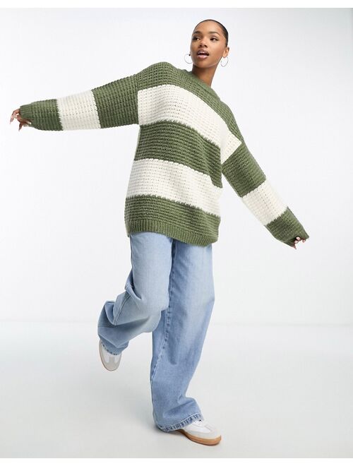 ASOS DESIGN oversized sweater in textured stitch in stripe in khaki and cream