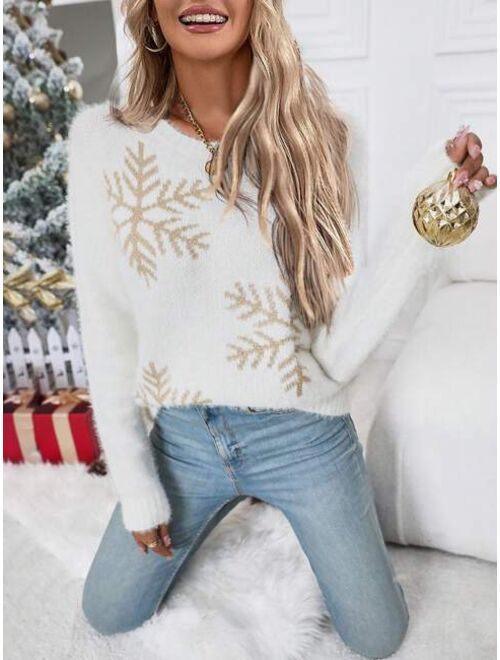 Snowflake Pattern Fluffy Knit Sweater