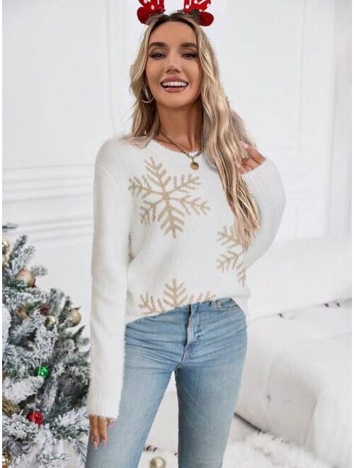 Snowflake Pattern Fluffy Knit Sweater